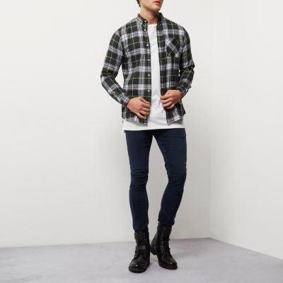 Green and white casual check shirt
